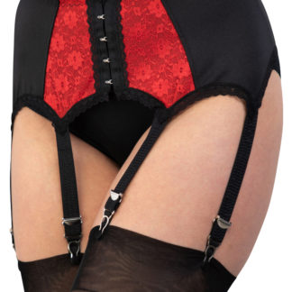6 Strap suspender belt with plain side panels, 3 way hook and eye, red lace front with continuous hook and eye opening at the frontwi