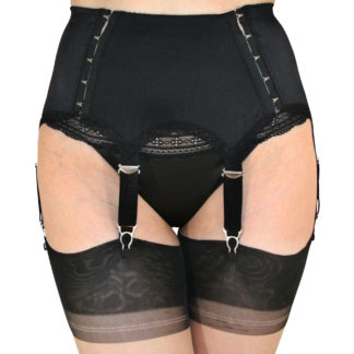 6 strap suspender belt in black with continuous hook and eye side openings, metal clips