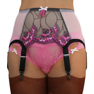 pink powermesh and lace 6 strap suspender belt with floral lace to the front