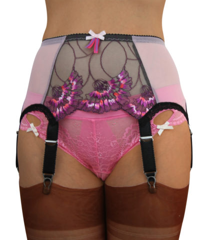 pink powermesh and lace 6 strap suspender belt with floral lace to the front